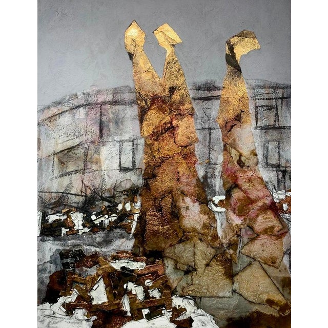 Two figures are loosely suggested within a composition built around enclosing forms, rendered in terracotta and deep brown...