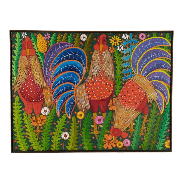 Vintage Haitian Painting of Three Roosters by Paul Nemours For Sale