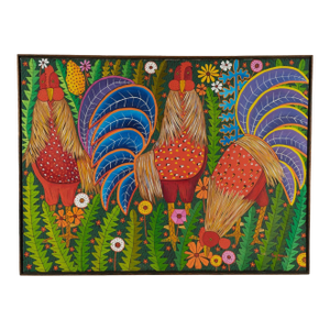 Vintage Haitian Painting of Three Roosters by Paul Nemours