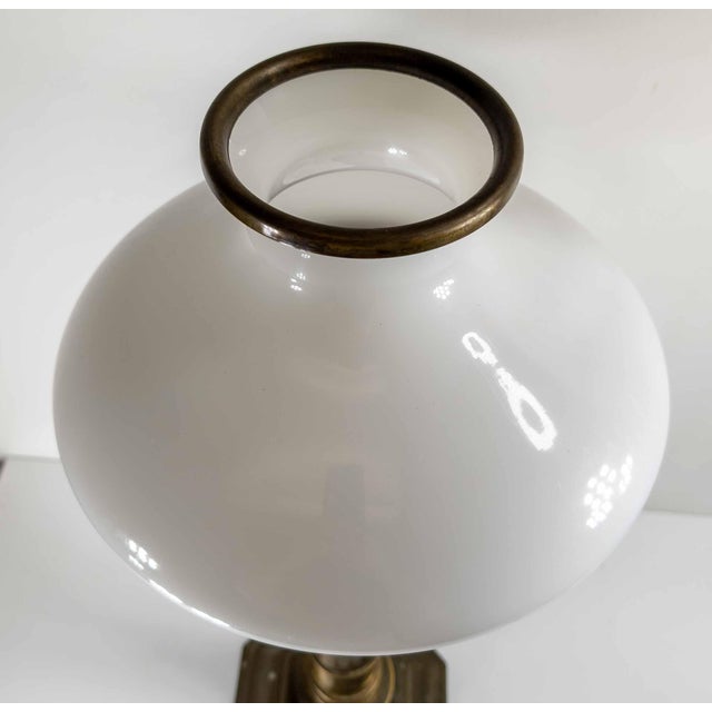 Metal 1970's Ethan Allen Brass Sinumbra Astral Lamp Style Table Lamp With White Glass Shade For Sale - Image 7 of 14