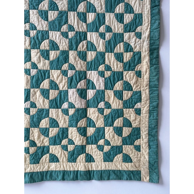 Textile Vintage Teal + Soft Yellow Cotton Drunkard's Path Circle Quilt, Circa 1930s-40s For Sale - Image 7 of 18