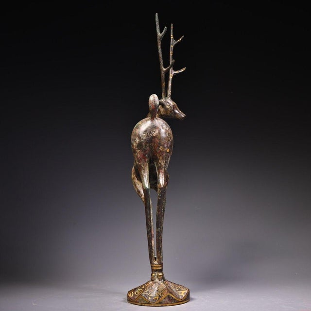Early 20th Century Early 20th Century Gold-Inlaid Bronze Deer Sculpture – 18.9" Archaic Style Figure For Sale - Image 5 of 10