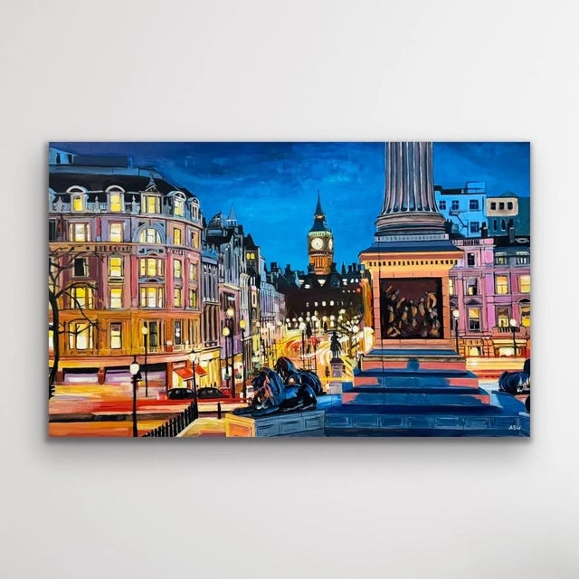 Contemporary Trafalgar Square Big Ben Westminster London England by British Cityscape Artist For Sale - Image 3 of 12
