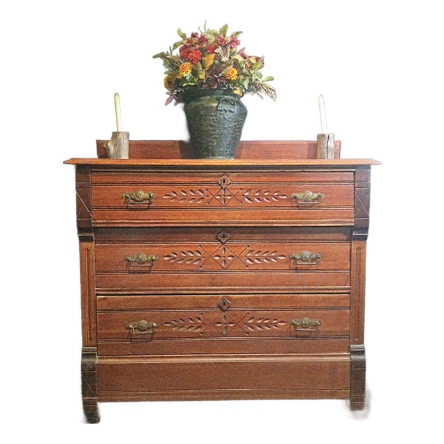 Antique Eastlake Chest of Drawers With Carved Details For Sale