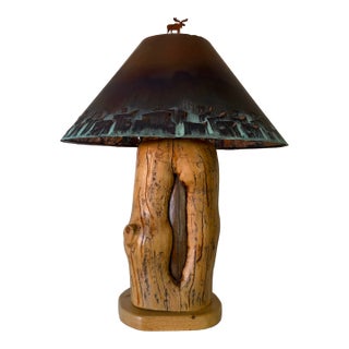 Vintage Rustic Adirondack South Western Style Table Lamp - With Copper Shade & Moose Finial For Sale