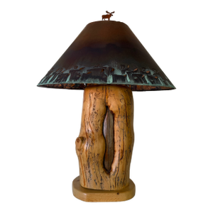 Vintage Rustic Adirondack South Western Style Table Lamp - With Copper Shade & Moose Finial