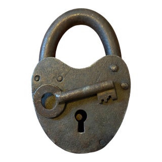 Antique Heavy Duty Forged Padlock With Key For Sale