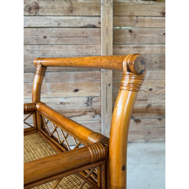 Wood Vintage Refinished Coastal Rattan Two-Tier Bar Cart With Bottle Holders on Casters For Sale - Image 7 of 12