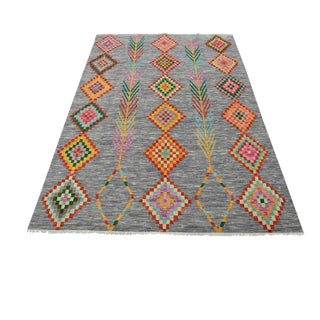 Moroccan Rug 8’1” X 10’3” Gray Wool Geometric Hand-Knotted Carpet For Sale