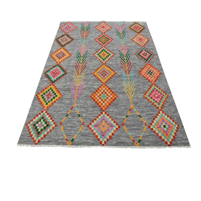 Moroccan Rug 8’1” X 10’3” Gray Wool Geometric Hand-Knotted Carpet For Sale