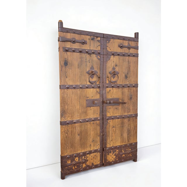 Chinese Antique Pinewood Doors With Studded Iron Bands & Sliding Latch For Sale - Image 3 of 4