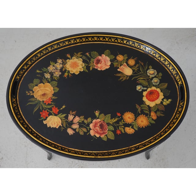 Traditional Vintage Black Lacquer Toleware Tray Top End Table For Sale - Image 3 of 16