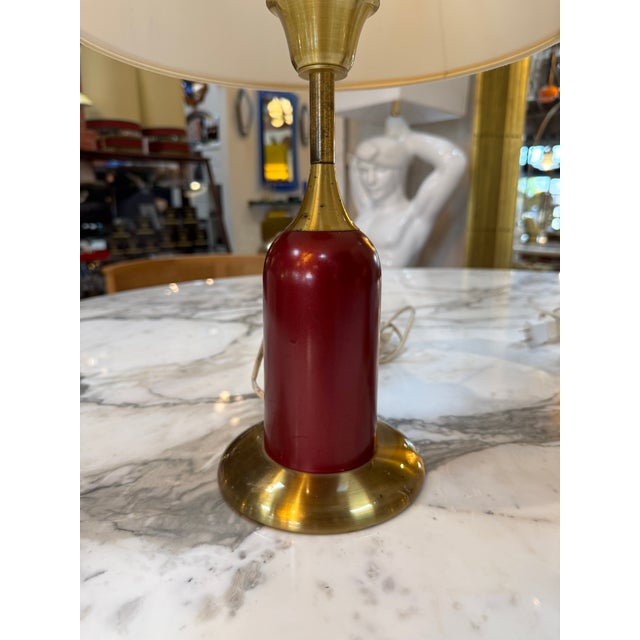 Modern Vintage Red & Brass Table Lamps With Linen Shades - a Pair For Sale - Image 3 of 18