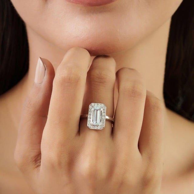 925 Sterling Silver Aquamarine Statement Ring With Diamond Halo, Size 8.5 For Sale - Image 9 of 15