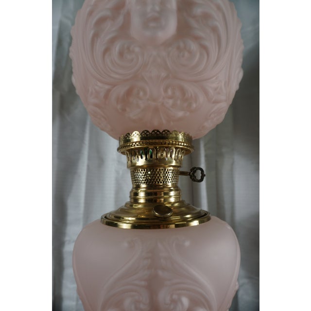 Antique Victorian Pink Satin Glass Cherub Banquet Oil Lamp With Embossed Putti Motif For Sale - Image 4 of 6