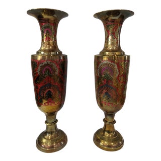 Late 20th Century Large Brass Enameled Vases - a Pair For Sale