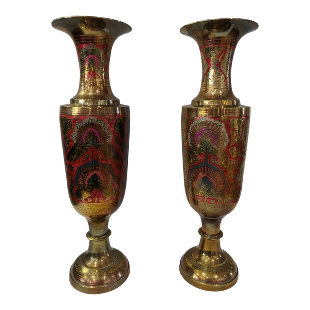 Late 20th Century Large Brass Enameled Vases - a Pair For Sale