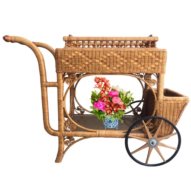 Rare Early 1900’s Heywood Wakefield Rattan & Cane Serving Tea Bar Cart For Sale - Image 12 of 12