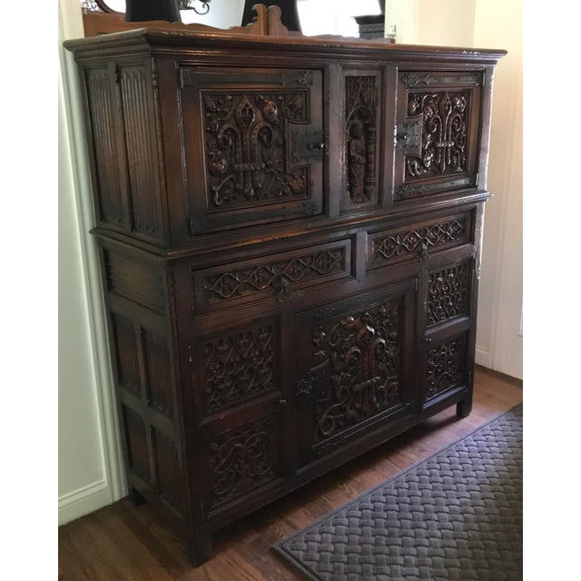 French Breton Carved Oak Carved China Cupboard For Sale - Image 4 of 9