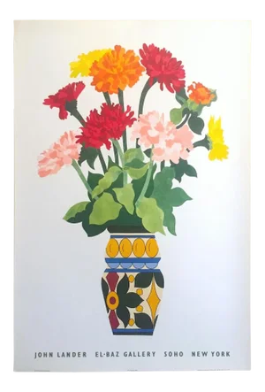 John Lander Vintage 1980's Contemporary Lithograph Print " Zinnias " Soho Gallery Large Exhibition Poster
