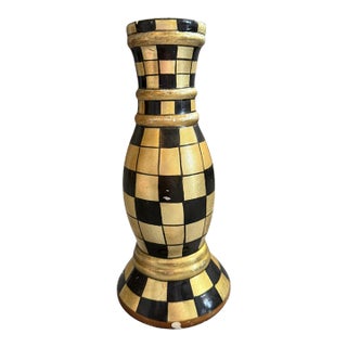Vintage Black & Gold Checkerboard Candlestick | Hand-Painted Decorative Taper Holder For Sale