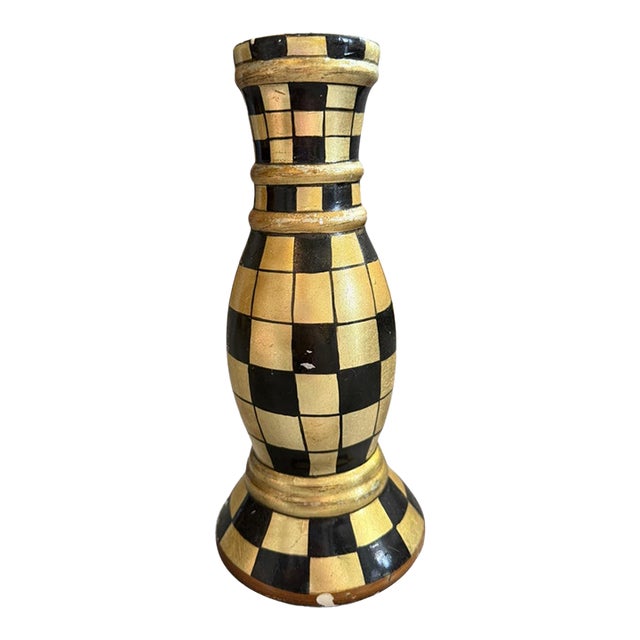 Vintage Black & Gold Checkerboard Candlestick | Hand-Painted Decorative Taper Holder For Sale