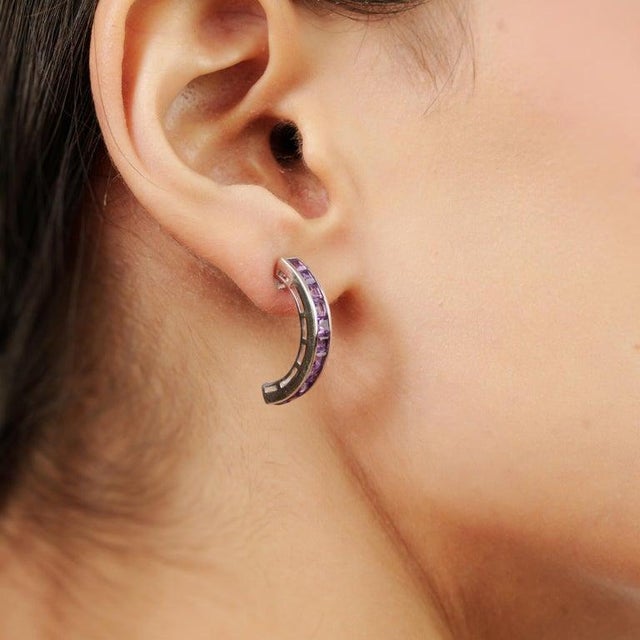 Not Yet Made - Made To Order Channel Set 1.74 Carat Amethyst Gemstone Vertical Curved Earrings- A Pair For Sale - Image 5 of 10