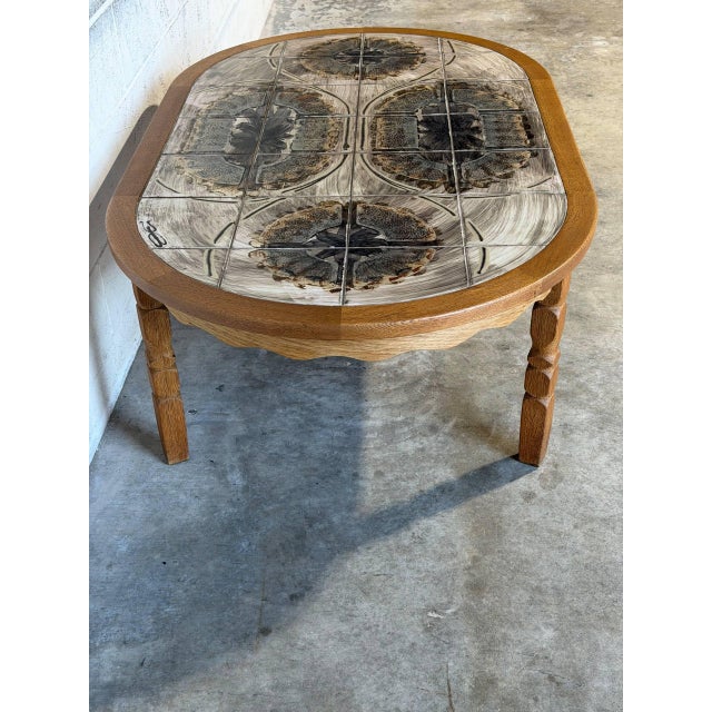 Oak Inset Tile Top Oval Coffee Table With Scalloped Apron Vintage Mid-Century Modern 1970s For Sale In Los Angeles - Image 6 of 10