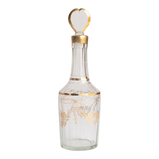 Antique French Louis XVI Gilded Crystal Decanter With Heart Stopper For Sale