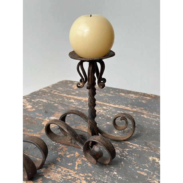 Vintage Wrought Iron Scrolling Candleholders, a Pair, Circa Mid-20th Century For Sale - Image 4 of 18