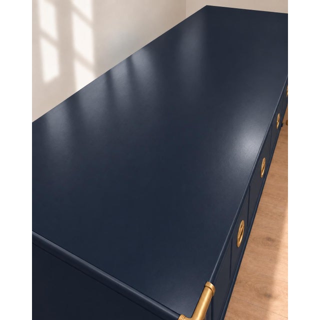 Metal Professionally Refinished 1970s Drexel Accolade Campaign Buffet / Sideboard — Custom Navy Blue For Sale - Image 7 of 11