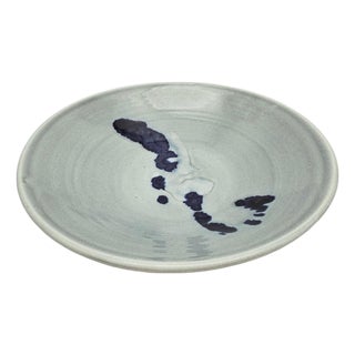 Vintage Studio Pottery Serving Bowl Celadon Cobalt Abstract Signed 13 For Sale