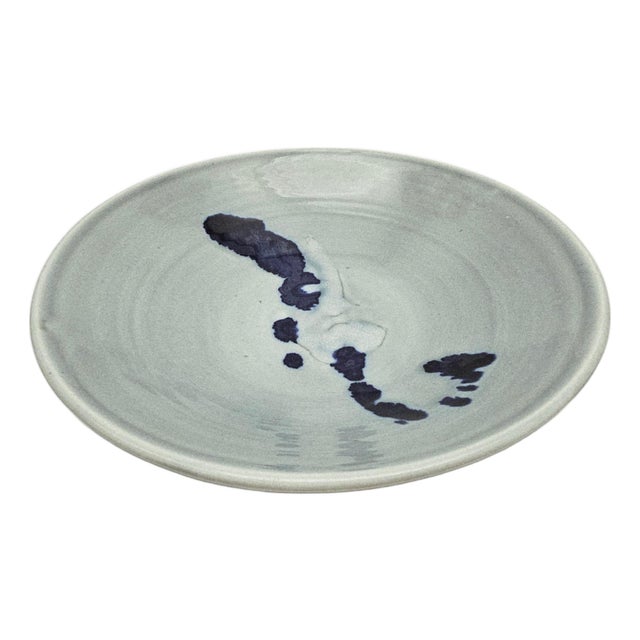 Vintage Studio Pottery Serving Bowl Celadon Cobalt Abstract Signed 13 For Sale