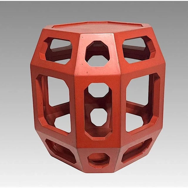 Mid Century Hexagonal Chinese Art Deco Solid Wood Drum Stool / Side Table With Red Lacquer Finish For Sale - Image 4 of 8