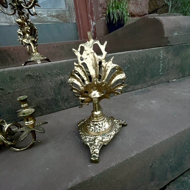 Gold Vintage 1950s Saudi Arabian Meets Rococo Brass Candelabras a Pair. For Sale - Image 8 of 8