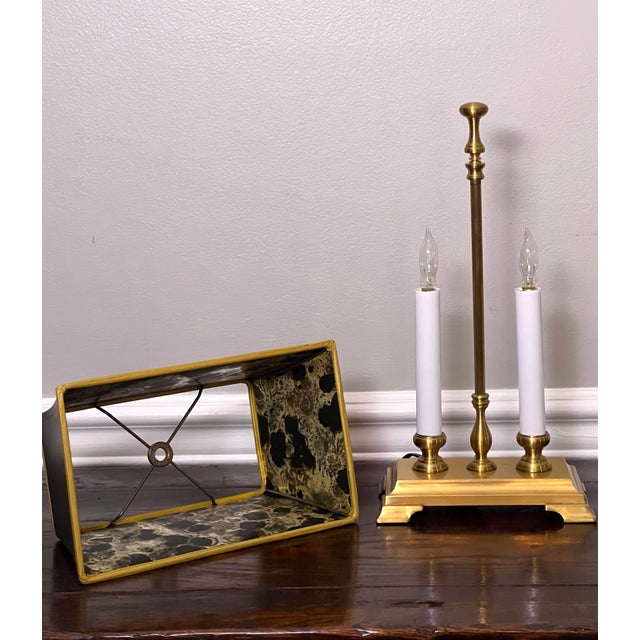 Metal Late 20th Century Small Brass Twin Candle Bouillotte Style Lamp With Black Parchment Shade For Sale - Image 7 of 17