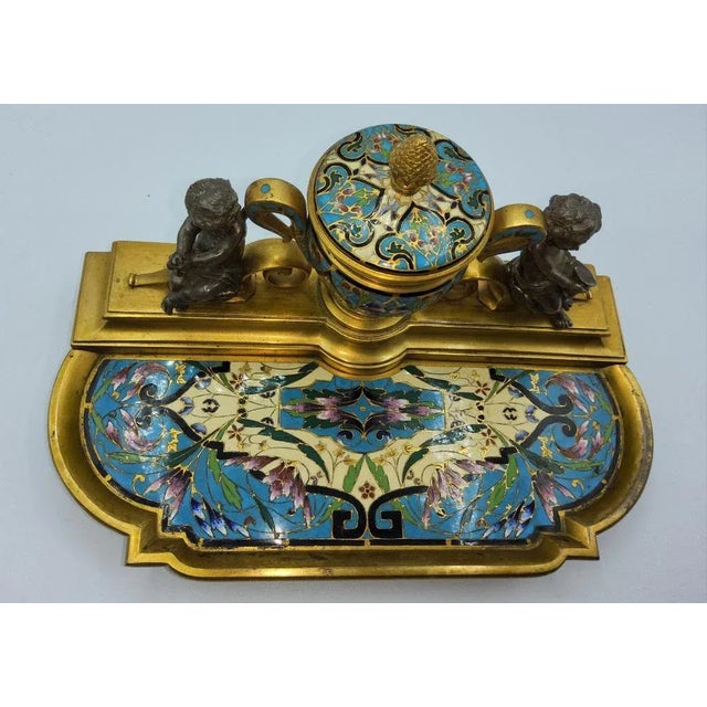 Antique French Enamelled Bronze Inkstand For Sale - Image 4 of 13