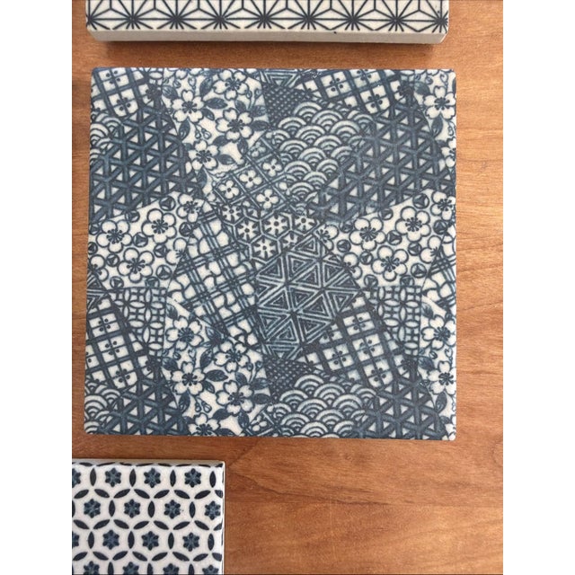 Late 20th Century Japanese Geometric Ceramic Tile 6”HexagoAsanoha Shippo Edo Pattern Blue Lot Of 5 For Sale - Image 5 of 6