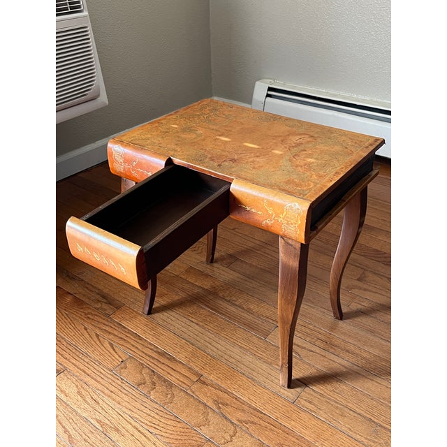 Wood Small Leather Top, Cherry Coffee Table, Louie the XV Revival / Cabriole Legs / Gold Embossed Leather Top, Intricate Gold Marquetry, 1950-60’s For Sale - Image 7 of 12