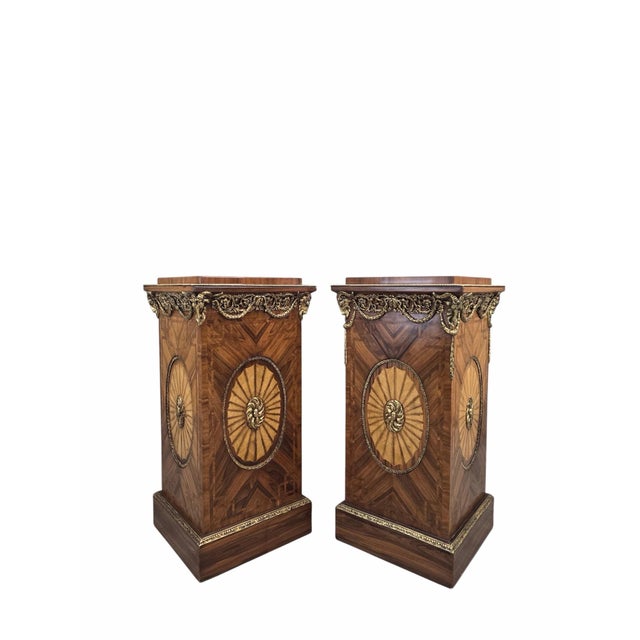 Mid 20th Century Vintage French Louis XVI Style Parquetry and Ormolu Display Pedestals - Pair For Sale - Image 5 of 10