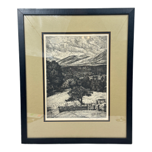 Vintage Etching Titled “The Steeple in the Mountains”