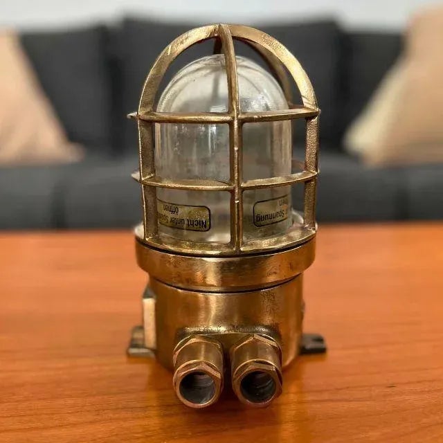 Metal Early 20th Century Wiska Brass Cage Ship Ceiling Light With Two Side Conduits For Sale - Image 7 of 12