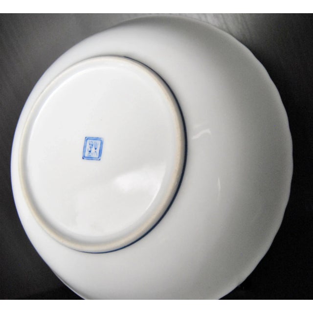 Chinese Lotus Blue White Ming Style Four Character Mark Inscribed Scalloped Dish For Sale - Image 4 of 7