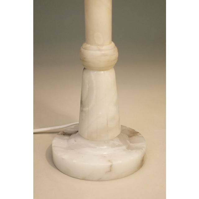 Alabaster 1930s Art Deco Streamline Alabaster Marble Brass Candlestick Table Lamps Italy - a Pair For Sale - Image 8 of 13