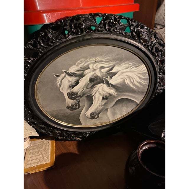 Victorian Antique 19th Century "Pharaoh's Horses" Lithograph in Openwork Ornate Oval Frame For Sale - Image 3 of 10