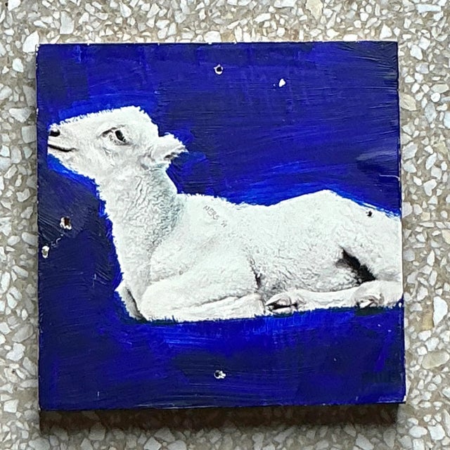 Vintage Boho Original Lamb Painting on Board For Sale - Image 4 of 7