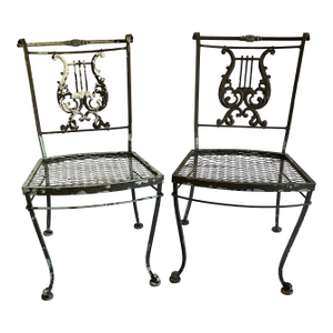 Vintage French Harp Design Iron Patio Chairs - A Pair