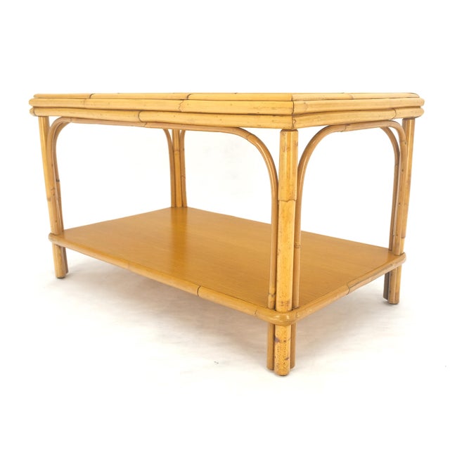 Ficks Reed Vintage c1970s Bamboo Rattan Two Tier Rippled Glass Top Rectangle End Side Table For Sale - Image 4 of 12