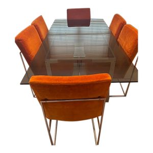 Vintage Set of 6 Mid-Century Modern Milo Baughman for Thayer Coggin Chrome Dining Chairs & Smoked Glass Dinning Table
