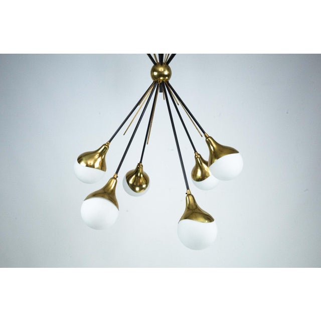Mid-Century Modern Mid-Century Italian Brass and Opaline Glass Chandelier from Stilnovo, 1950s For Sale - Image 3 of 16